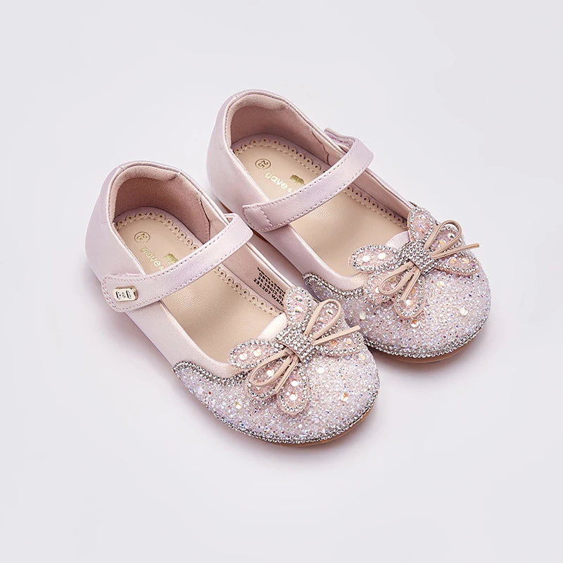 Dave Bella Children Girls Princess Shoes Spring Autumn Leather Shoes Pearl Bow Dance Shoes Girls Flats Non-slip Shoes DB3241422
